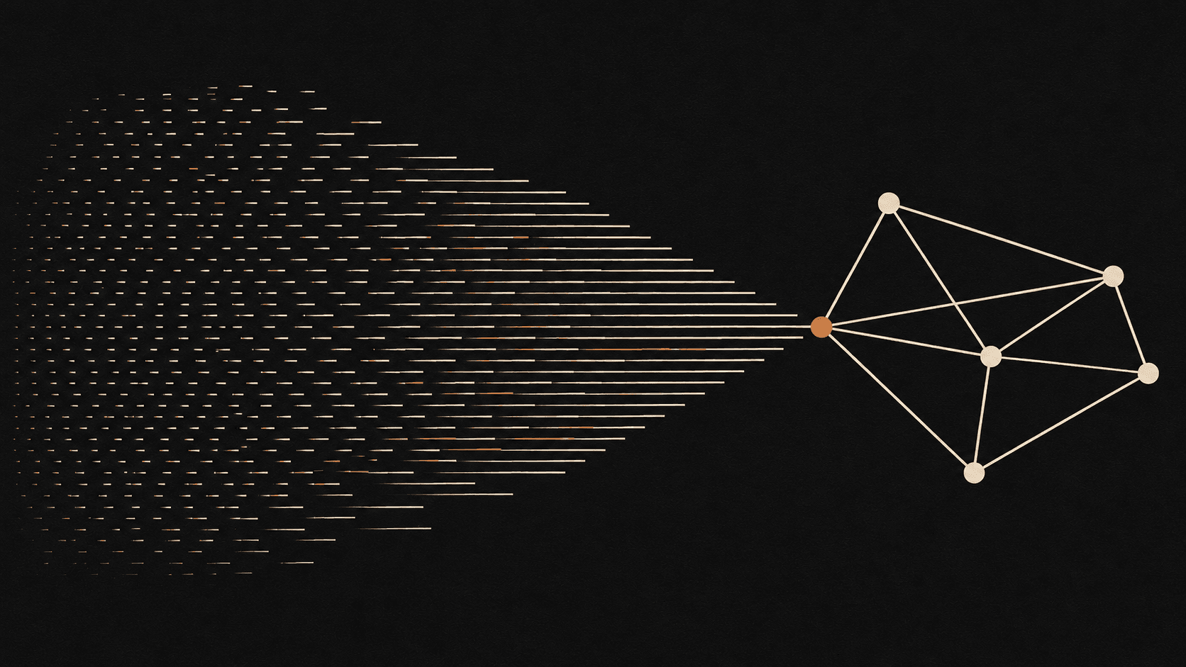A dense field of small marks streaming toward and converging on a single connected node.