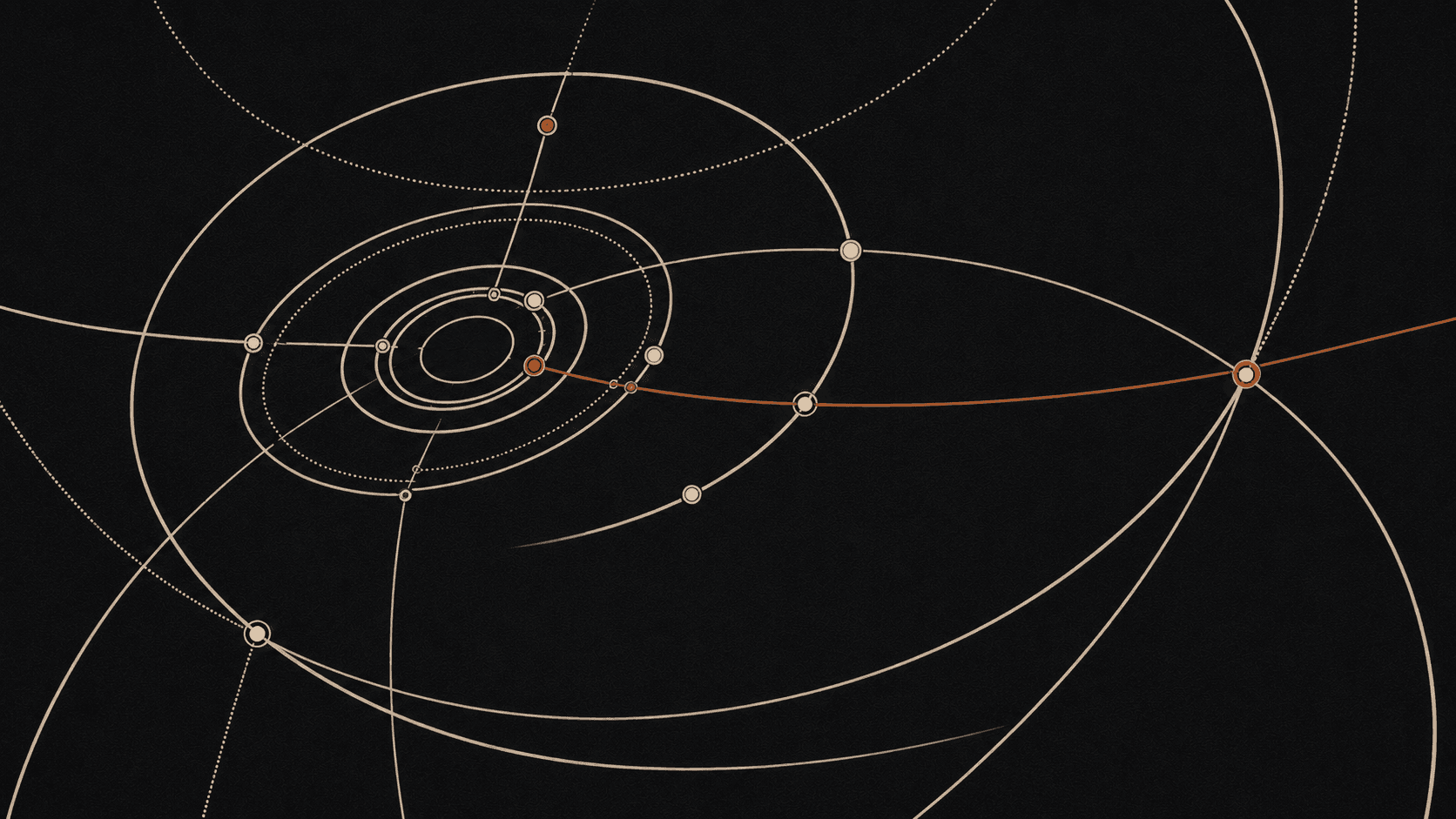 Concentric orbital rings of nodes around a center, with one amber trajectory sweeping through them.