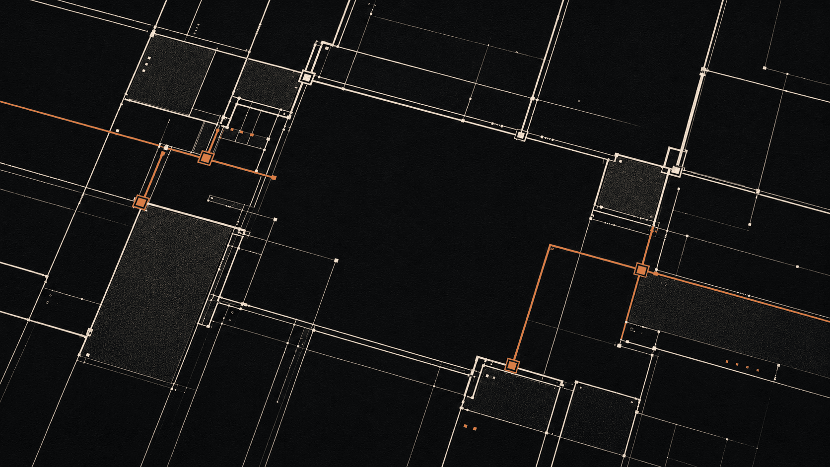A schematic grid of fine lines and solid textured blocks; some lines thin and break apart while the dense blocks hold, with a few amber junctions.