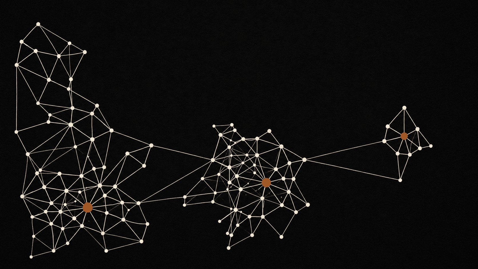 An abstract knowledge graph — clusters of nodes linked by fine edges across a dark field, with amber hubs.